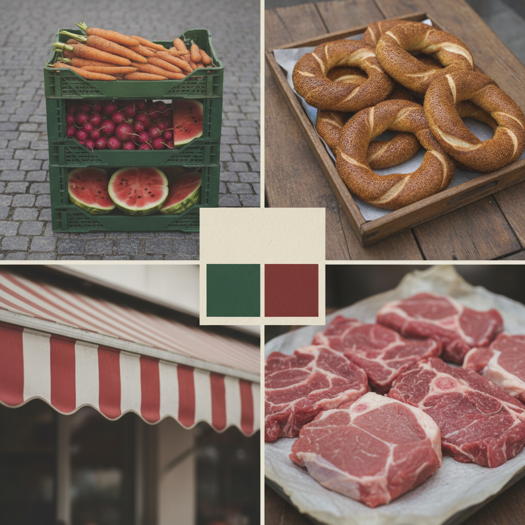 Moodboard: grüne Harassen, Simit, Frischfleisch, Storen-Streifen